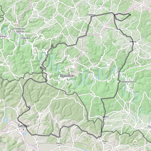 Map miniature of "The Ardennes Road Challenge" cycling inspiration in Champagne-Ardenne, France. Generated by Tarmacs.app cycling route planner