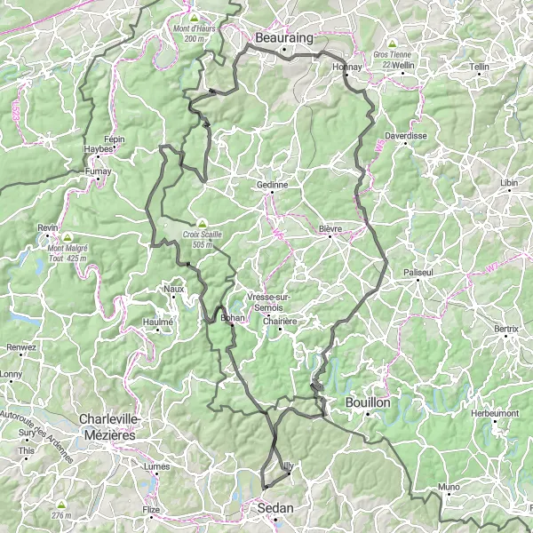 Miniature de la carte de l'inspiration cycliste "Challenge des Ardennes" dans la Champagne-Ardenne, France. Générée par le planificateur d'itinéraire cycliste Tarmacs.app