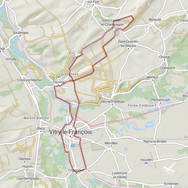 Miniature de la carte de l'inspiration cycliste "Sentier des Graviers de Frignicourt" dans la Champagne-Ardenne, France. Générée par le planificateur d'itinéraire cycliste Tarmacs.app