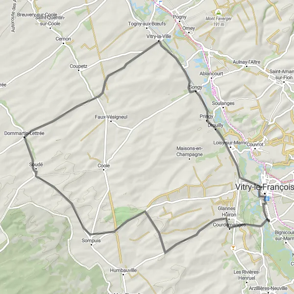 Miniature de la carte de l'inspiration cycliste "Parcours des Villages de la Marne" dans la Champagne-Ardenne, France. Générée par le planificateur d'itinéraire cycliste Tarmacs.app