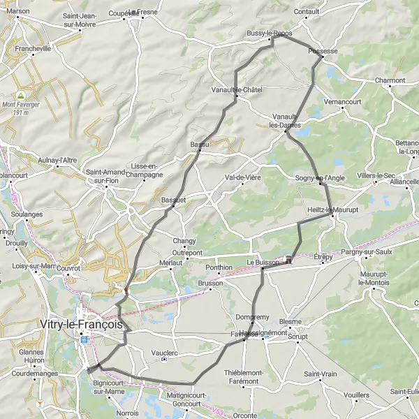 Miniature de la carte de l'inspiration cycliste "Tour panoramique à travers les villages de la région" dans la Champagne-Ardenne, France. Générée par le planificateur d'itinéraire cycliste Tarmacs.app