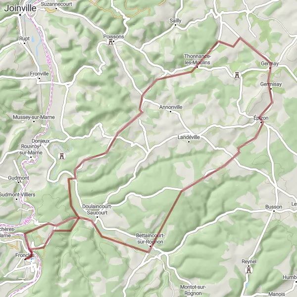 Map miniature of "Gravel Route: Saucourt-sur-Rognon to Froncles" cycling inspiration in Champagne-Ardenne, France. Generated by Tarmacs.app cycling route planner