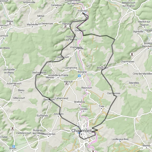 Map miniature of "Road Route from Froncles to Rochefort-sur-la-Côte" cycling inspiration in Champagne-Ardenne, France. Generated by Tarmacs.app cycling route planner