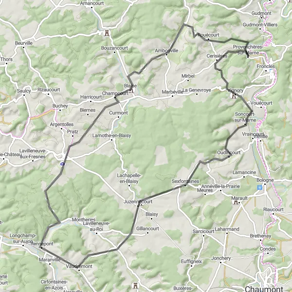 Map miniature of "Road Route from Froncles to Rouécourt" cycling inspiration in Champagne-Ardenne, France. Generated by Tarmacs.app cycling route planner