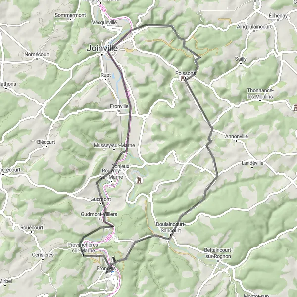 Miniature de la carte de l'inspiration cycliste "Randonnée à Froncles et Domremy-Landéville" dans la Champagne-Ardenne, France. Générée par le planificateur d'itinéraire cycliste Tarmacs.app