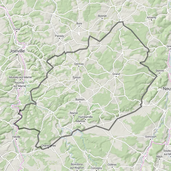 Miniature de la carte de l'inspiration cycliste "Boucle vers Gondrecourt-le-Château" dans la Champagne-Ardenne, France. Générée par le planificateur d'itinéraire cycliste Tarmacs.app