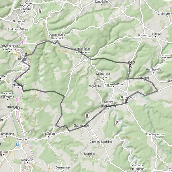 Map miniature of "Road Route: Doulaincourt-Saucourt to Froncles Loop" cycling inspiration in Champagne-Ardenne, France. Generated by Tarmacs.app cycling route planner