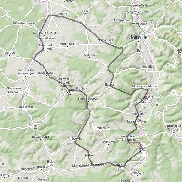 Miniature de la carte de l'inspiration cycliste "Les Gorges de la Meuse" dans la Champagne-Ardenne, France. Générée par le planificateur d'itinéraire cycliste Tarmacs.app