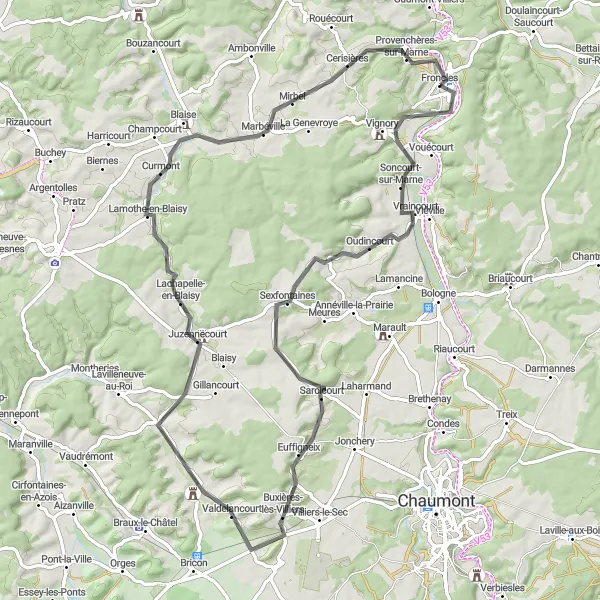 Map miniature of "Road Route: Vraincourt to Cerisières Circuit" cycling inspiration in Champagne-Ardenne, France. Generated by Tarmacs.app cycling route planner
