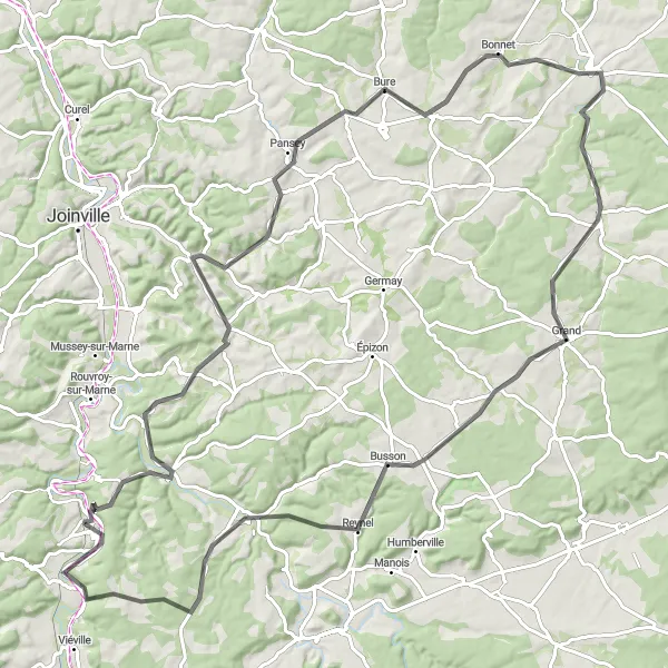 Miniature de la carte de l'inspiration cycliste "Parcours à travers Aingoulaincourt" dans la Champagne-Ardenne, France. Générée par le planificateur d'itinéraire cycliste Tarmacs.app