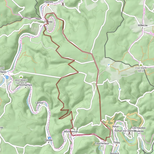 Miniature de la carte de l'inspiration cycliste "Parcours de VTT vers Haybes et Tournavaux" dans la Champagne-Ardenne, France. Générée par le planificateur d'itinéraire cycliste Tarmacs.app