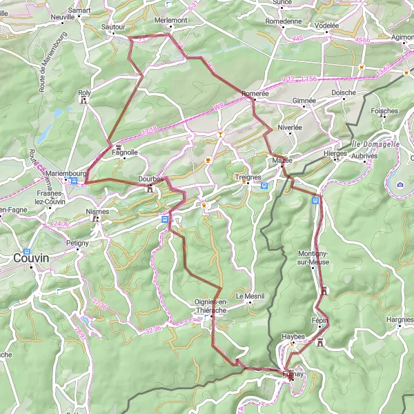 Miniature de la carte de l'inspiration cycliste "Parcours de VTT à partir de Fumay" dans la Champagne-Ardenne, France. Générée par le planificateur d'itinéraire cycliste Tarmacs.app