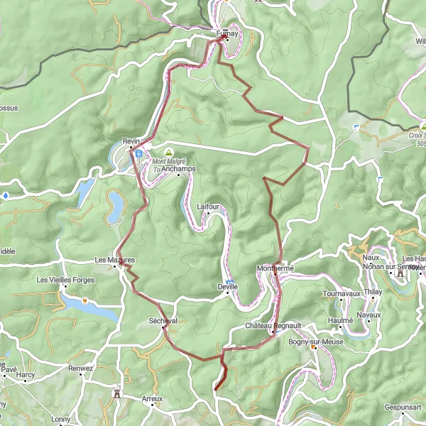 Miniature de la carte de l'inspiration cycliste "Boucle de VTT autour de Fumay et Monthermé" dans la Champagne-Ardenne, France. Générée par le planificateur d'itinéraire cycliste Tarmacs.app