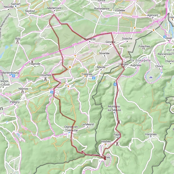 Map miniature of "Fumay Gravel Adventure" cycling inspiration in Champagne-Ardenne, France. Generated by Tarmacs.app cycling route planner