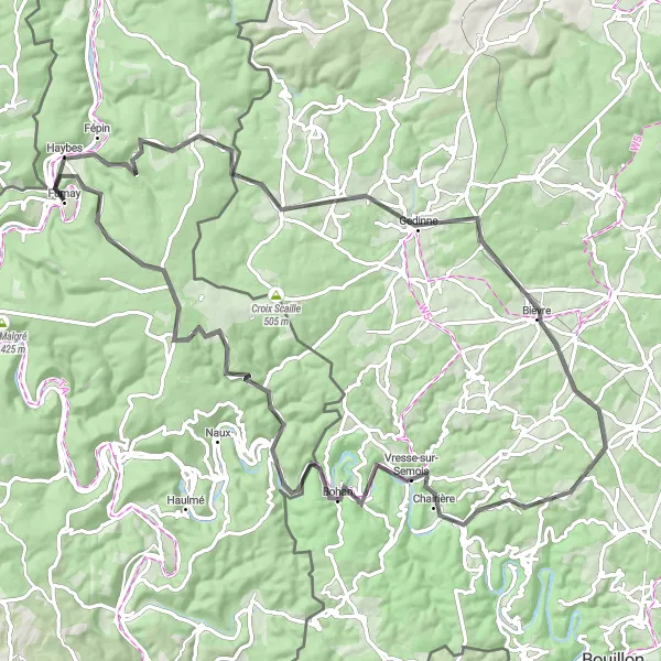 Miniature de la carte de l'inspiration cycliste "Les Vallées de l'Ardenne" dans la Champagne-Ardenne, France. Générée par le planificateur d'itinéraire cycliste Tarmacs.app