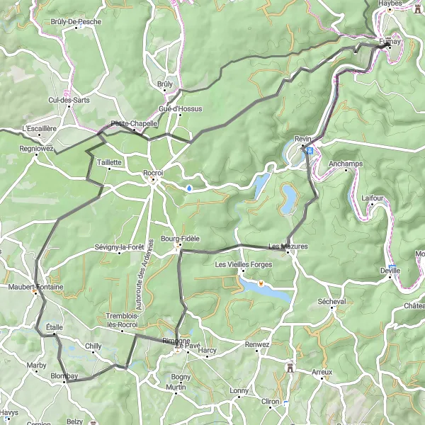 Miniature de la carte de l'inspiration cycliste "Les Montagnes de Fumay" dans la Champagne-Ardenne, France. Générée par le planificateur d'itinéraire cycliste Tarmacs.app