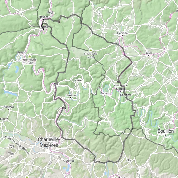 Map miniature of "Fumay to Monaco" cycling inspiration in Champagne-Ardenne, France. Generated by Tarmacs.app cycling route planner