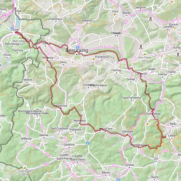 Map miniature of "Givet - Fromelennes - Haut-Fays - Winenne" cycling inspiration in Champagne-Ardenne, France. Generated by Tarmacs.app cycling route planner