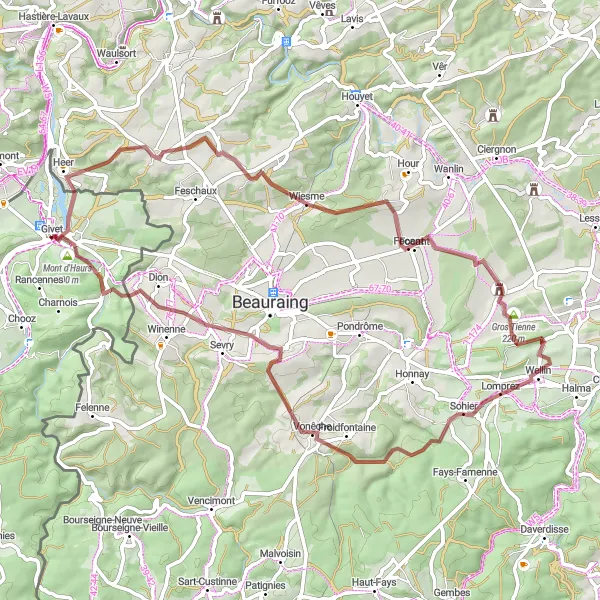Map miniature of "Givet - Lavaux-Sainte-Anne - Javingue - Vonêche" cycling inspiration in Champagne-Ardenne, France. Generated by Tarmacs.app cycling route planner