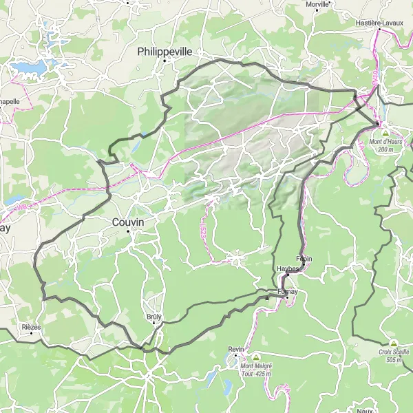 Map miniature of "Givet - Fort de Charlemont - Roly" cycling inspiration in Champagne-Ardenne, France. Generated by Tarmacs.app cycling route planner