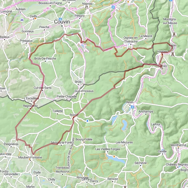 Miniature de la carte de l'inspiration cycliste "Parcours pittoresque autour de Haybes" dans la Champagne-Ardenne, France. Générée par le planificateur d'itinéraire cycliste Tarmacs.app