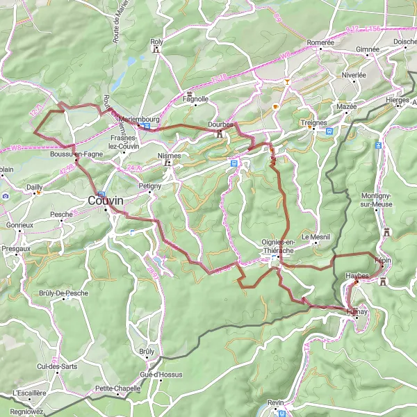 Miniature de la carte de l'inspiration cycliste "Boucle des Vallées et des Rochers" dans la Champagne-Ardenne, France. Générée par le planificateur d'itinéraire cycliste Tarmacs.app