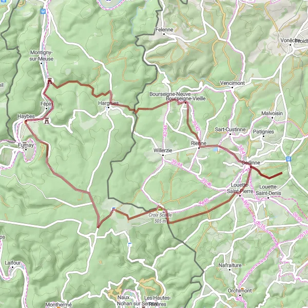 Miniature de la carte de l'inspiration cycliste "Boucle des Forêts et des Rivières" dans la Champagne-Ardenne, France. Générée par le planificateur d'itinéraire cycliste Tarmacs.app