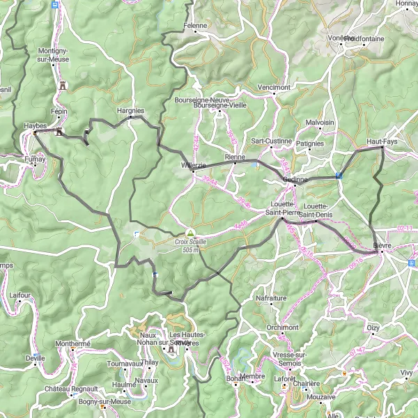 Miniature de la carte de l'inspiration cycliste "Boucle des Villages Ardennais" dans la Champagne-Ardenne, France. Générée par le planificateur d'itinéraire cycliste Tarmacs.app