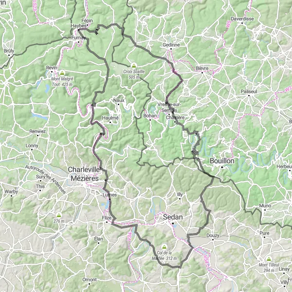 Miniature de la carte de l'inspiration cycliste "Parcours épique à travers les Ardennes" dans la Champagne-Ardenne, France. Générée par le planificateur d'itinéraire cycliste Tarmacs.app