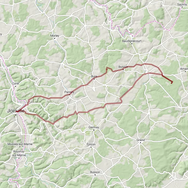 Miniature de la carte de l'inspiration cycliste "Tour gravel de Pansey à Noncourt-sur-le-Rongeant" dans la Champagne-Ardenne, France. Générée par le planificateur d'itinéraire cycliste Tarmacs.app