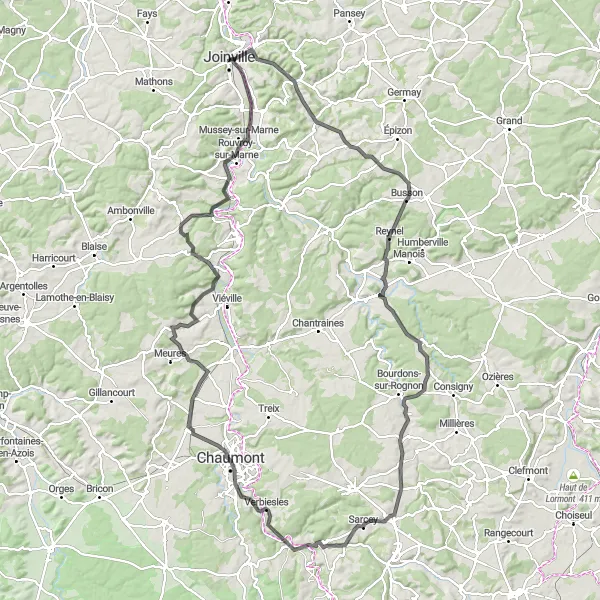 Miniature de la carte de l'inspiration cycliste "Boucle entre Joinville et Mussey-sur-Marne" dans la Champagne-Ardenne, France. Générée par le planificateur d'itinéraire cycliste Tarmacs.app