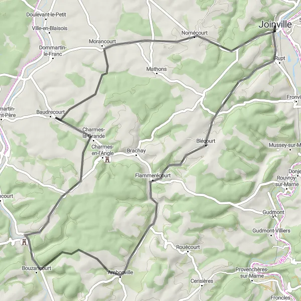Miniature de la carte de l'inspiration cycliste "Parcours de Charmes-la-Grande" dans la Champagne-Ardenne, France. Générée par le planificateur d'itinéraire cycliste Tarmacs.app
