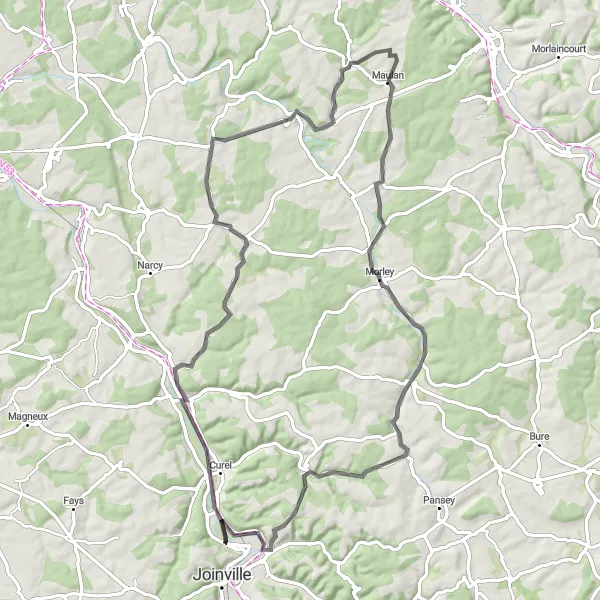 Miniature de la carte de l'inspiration cycliste "Itinéraire autour de Thonnance-lès-Joinville" dans la Champagne-Ardenne, France. Générée par le planificateur d'itinéraire cycliste Tarmacs.app