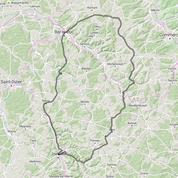 Miniature de la carte de l'inspiration cycliste "Parcours entre Autigny-le-Grand et Thonnance-lès-Joinville" dans la Champagne-Ardenne, France. Générée par le planificateur d'itinéraire cycliste Tarmacs.app