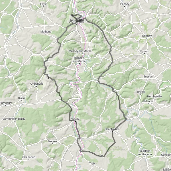 Miniature de la carte de l'inspiration cycliste "Circuit de Joinville à Vecqueville" dans la Champagne-Ardenne, France. Générée par le planificateur d'itinéraire cycliste Tarmacs.app