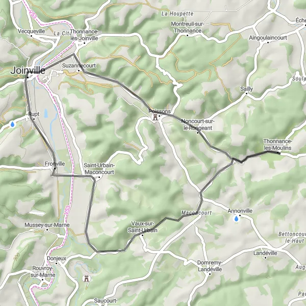 Miniature de la carte de l'inspiration cycliste "Boucle de Joinville" dans la Champagne-Ardenne, France. Générée par le planificateur d'itinéraire cycliste Tarmacs.app