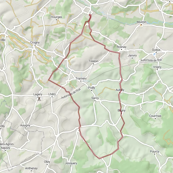 Map miniature of "Gravel Adventure to Savigny-sur-Ardres" cycling inspiration in Champagne-Ardenne, France. Generated by Tarmacs.app cycling route planner