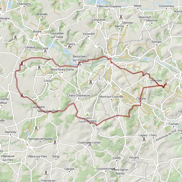 Map miniature of "Crugny Adventure" cycling inspiration in Champagne-Ardenne, France. Generated by Tarmacs.app cycling route planner