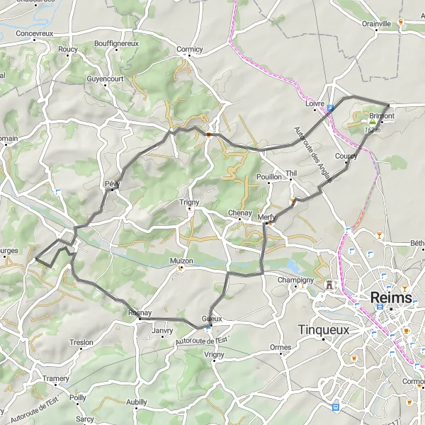 Miniature de la carte de l'inspiration cycliste "Tour Historique à Hermonville" dans la Champagne-Ardenne, France. Générée par le planificateur d'itinéraire cycliste Tarmacs.app