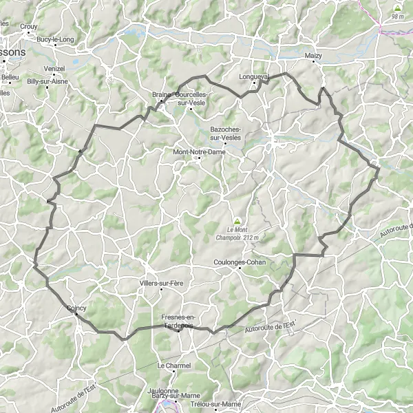 Map miniature of "Road Cycling Adventure near Jonchery-sur-Vesle" cycling inspiration in Champagne-Ardenne, France. Generated by Tarmacs.app cycling route planner