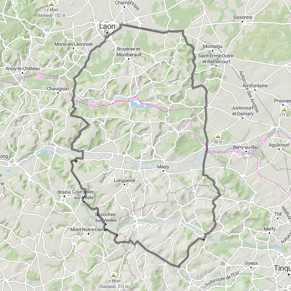 Map miniature of "Laonnois Circuit" cycling inspiration in Champagne-Ardenne, France. Generated by Tarmacs.app cycling route planner