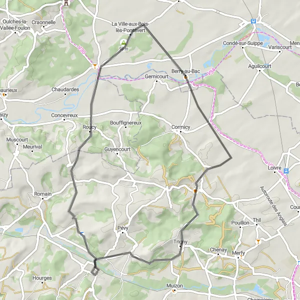 Map miniature of "Scenic Road Circuit from Jonchery-sur-Vesle" cycling inspiration in Champagne-Ardenne, France. Generated by Tarmacs.app cycling route planner