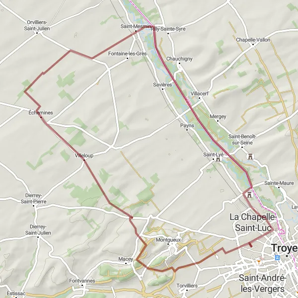 Miniature de la carte de l'inspiration cycliste "Les Chemins de Gravel de l'Aube" dans la Champagne-Ardenne, France. Générée par le planificateur d'itinéraire cycliste Tarmacs.app