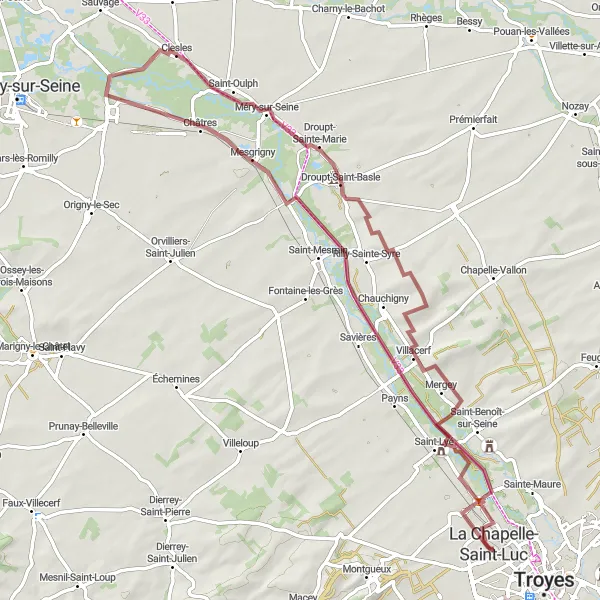 Map miniature of "La Chapelle-Saint-Luc Gravel Tour" cycling inspiration in Champagne-Ardenne, France. Generated by Tarmacs.app cycling route planner