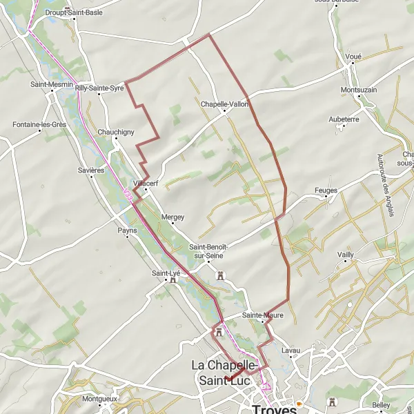 Miniature de la carte de l'inspiration cycliste "Les Collines de l'Aube en Gravel" dans la Champagne-Ardenne, France. Générée par le planificateur d'itinéraire cycliste Tarmacs.app