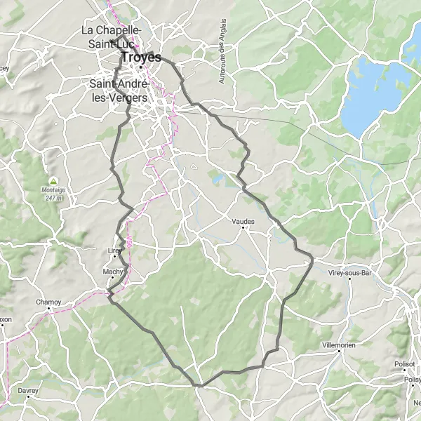 Miniature de la carte de l'inspiration cycliste "Boucle à vélo à La Chapelle-Saint-Luc" dans la Champagne-Ardenne, France. Générée par le planificateur d'itinéraire cycliste Tarmacs.app