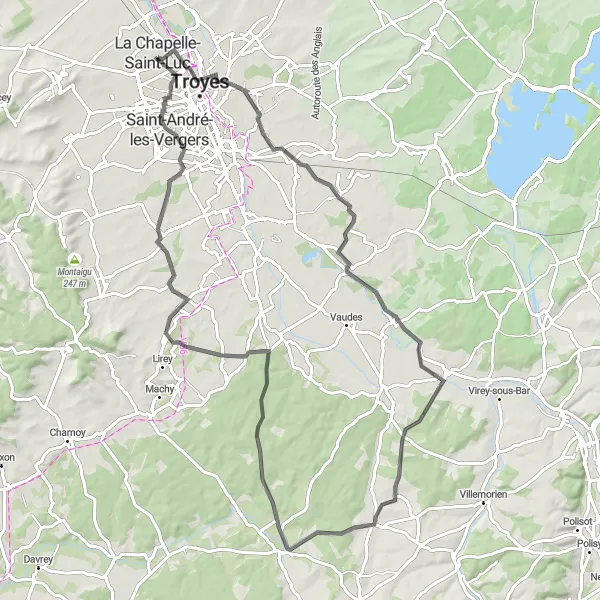 Map miniature of "Road to Troyes" cycling inspiration in Champagne-Ardenne, France. Generated by Tarmacs.app cycling route planner