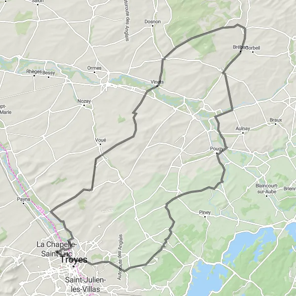Map miniature of "La Chapelle-Saint-Luc to Saint-Parres-aux-Tertres Loop" cycling inspiration in Champagne-Ardenne, France. Generated by Tarmacs.app cycling route planner