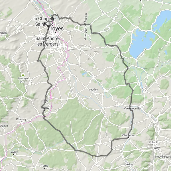 Miniature de la carte de l'inspiration cycliste "Parcours entre Lacs et Forêts" dans la Champagne-Ardenne, France. Générée par le planificateur d'itinéraire cycliste Tarmacs.app