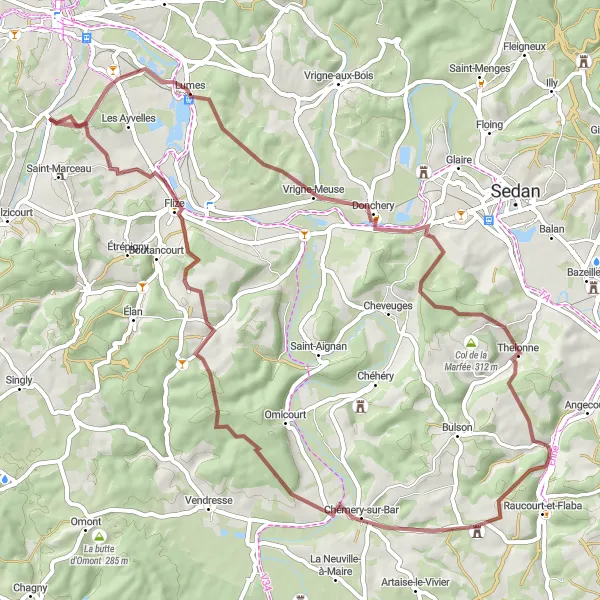 Map miniature of "Gravel Adventure in the Ardennes" cycling inspiration in Champagne-Ardenne, France. Generated by Tarmacs.app cycling route planner